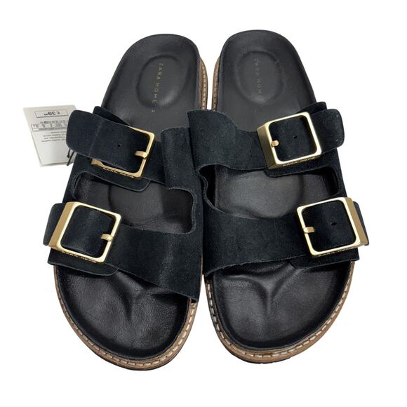 ZARA HOME Black Suede Leather Double Buckle Strap Slides Sandals Size 10 NWT - Picture 1 of 8